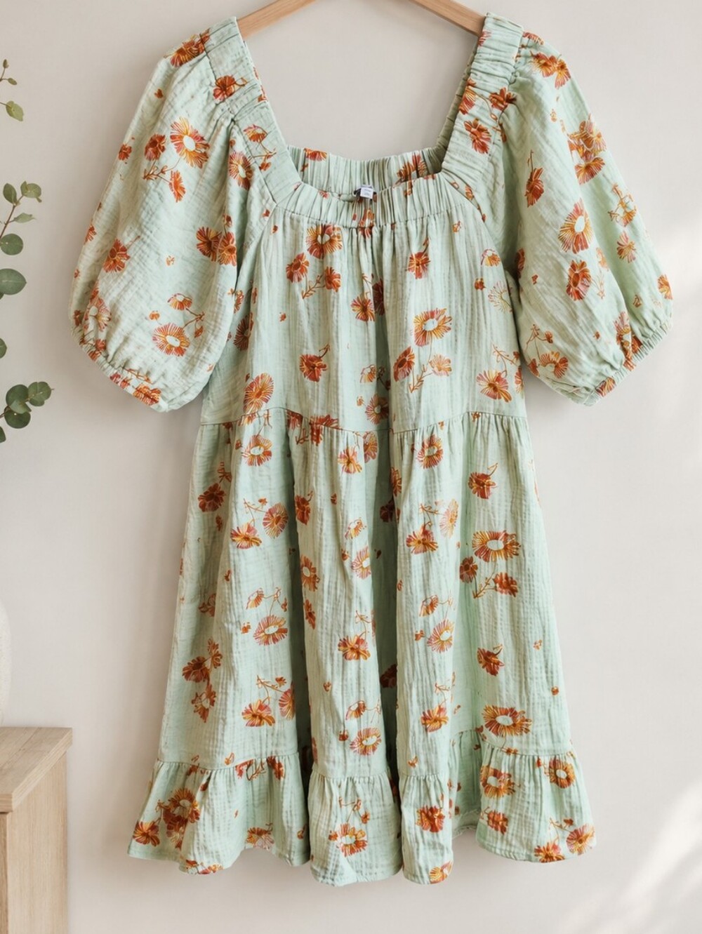 Wonderly Babydoll Mini Dress Floral Cottagecore Puff Sleeve Sage Green M - Picture 2 of 12